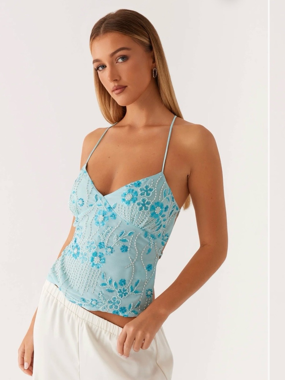 Peppermayo Light Blue Floral Beaded Cami